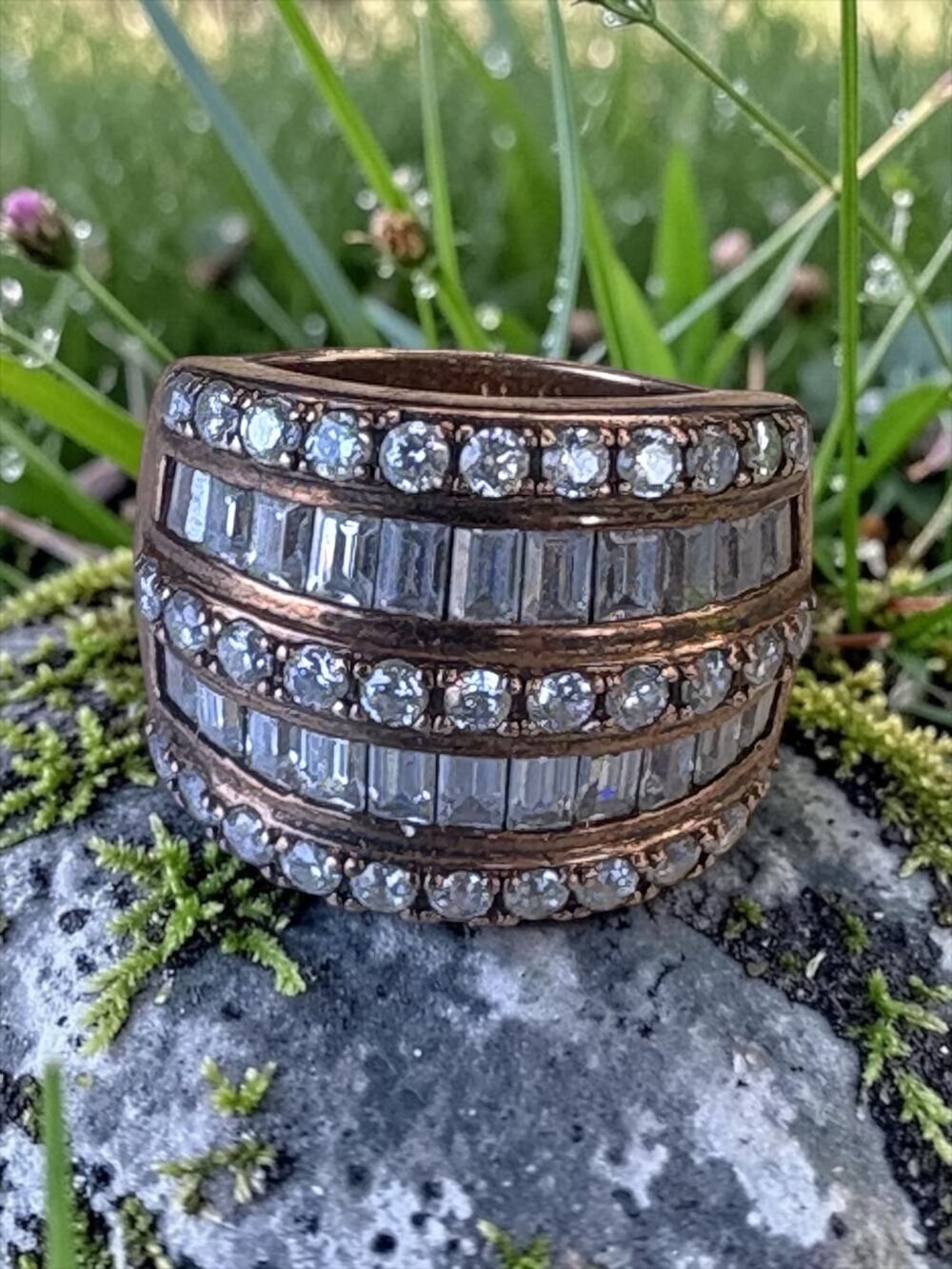 Vintage Rose Gold 925 Sterling Silver Crystal Wide Band Ring Baguette and Round
